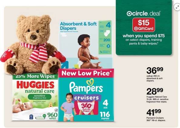 Target’da seçili $75’lık bebek bezi ve ıslak mendil alımlarında $15 değerinde hediye kartı 
